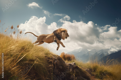 A wild lion runs in the wilderness. Shot of a lion jumping in motion. Sunny day, field landscape with lion in natural habitat. Generative AI professional photo imitation. © SnowElf