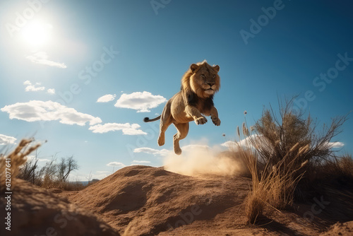 A wild lion runs in the wilderness. Shot of a lion jumping in motion. Sunny day, blue sky, landscape with lion in natural habitat. Generative AI professional photo imitation.