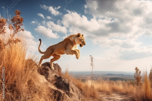 A wild lion runs in the wilderness. Shot of a lion jumping in motion. Sunny day, landscape with lion in natural habitat. Generative AI professional photo imitation.