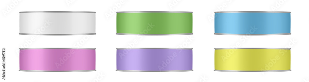 Set of tin cans for sardines, anchovies, sprats or tuna preserves. White, green, blue, pink, purple and yellow labels. Canned food mockup Set of tin cans for sardines, anchovies, sprats or tuna preserves. White, green, blue, pink, purple and yellow labels. Canned food mockup