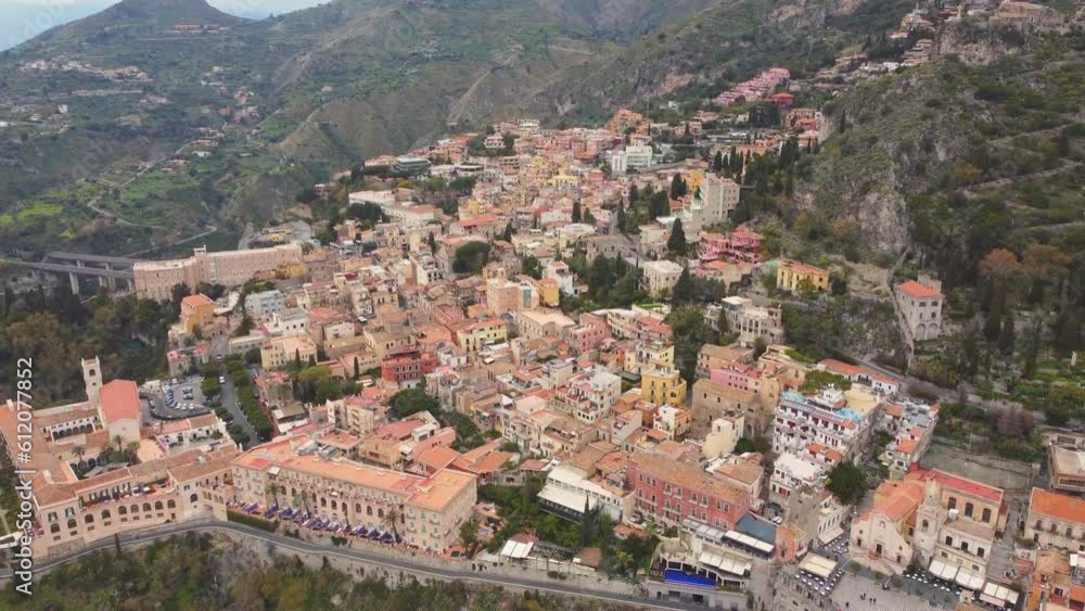 Aerial view of old town Taormina, Sicily, Italy, Europe. Summer travel Aerial view of old town Taormina, Sicily, Italy, Europe. Summer travel