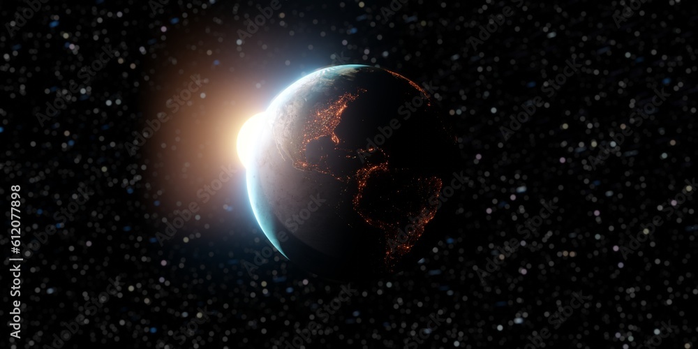 Panoramic view of planet Earth with copy space. Planet Earth with spectacular sunrise. Elements are part of NASA. 3D render.