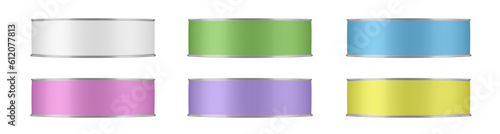 Set of tin cans for sardines, anchovies, sprats or tuna preserves. White, green, blue, pink, purple and yellow labels. Canned food mockup