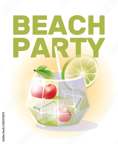 Cherry-lime cocktail in a glass. Beach party, summer event, vacation concept. White background. Vector illustration