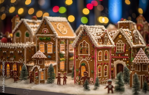 Illustration of a festive gingerbread house on a decorated table created with Generative AI technology