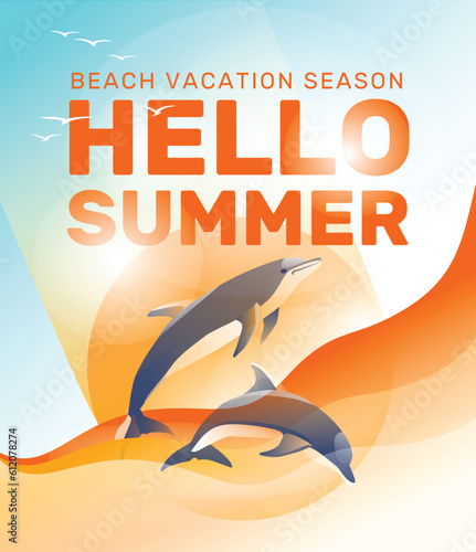 dolphins jump into the sea against the background of the sunset. Vacation at sea, travel and vacation concept. Gradient. Vector illustration
