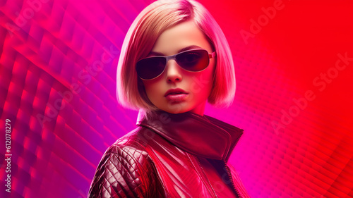 Beautiful model on magenta background, futuristic style, neon light, for posters and banners