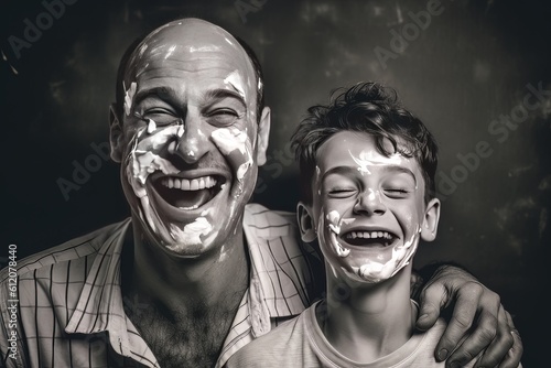 Dad and son with shaving foam on their faces have fun spending time together. Ai Generative AI