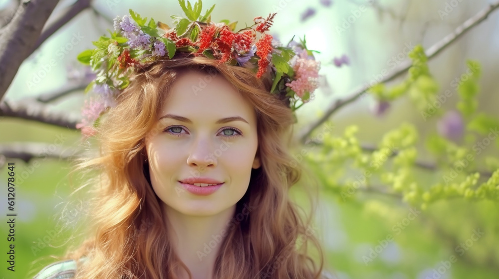 young adult woman with head floral arrangement decoration, nature and environment or female beauty, natural beauty, fictional place young adult woman with head floral arrangement decoration, nature and environment or female beauty, natural beauty, fictional place