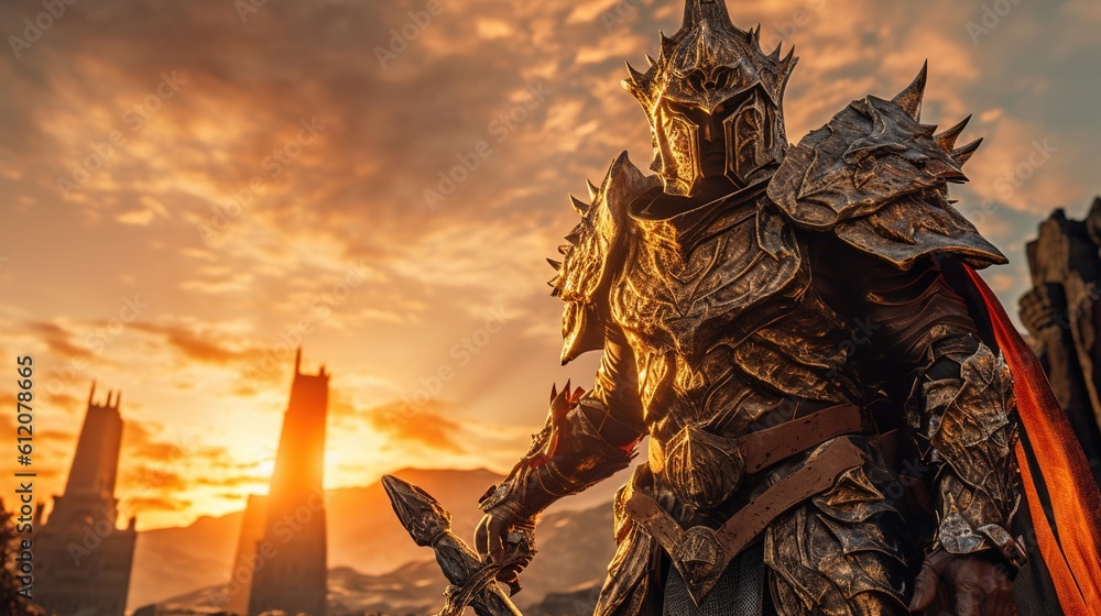 knight in medieval armor with a sword next to a castle at the sunset - generative AI knight in medieval armor with a sword next to a castle at the sunset - generative AI