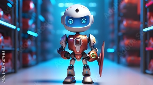 cute little robot holding a shield defending a server rack in the background