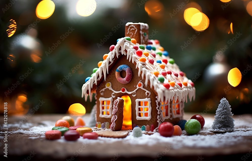Illustration of a festive gingerbread house on a decorated table created with Generative AI technology