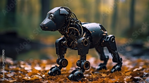 close up dog robot in autumn woods, Generative Ai © QuietWord