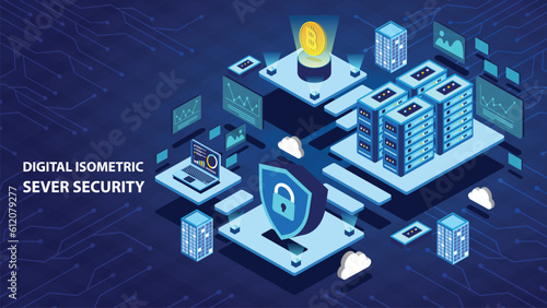 Digital Isometric Server Security and data sever on blue background.