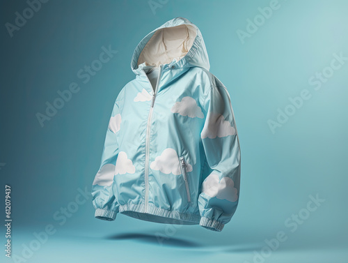 windbreaker clothes promotional photo beautiful electronic commercial photography , blue background, studio photo, clean design, pastel colors 