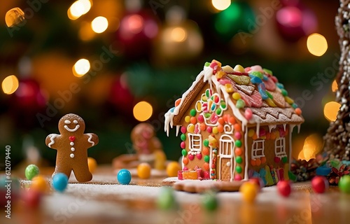 Illustration of a festive gingerbread house on a decorated table created with Generative AI technology