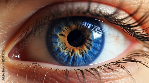 Menschliches Auge, Close-Up, Zoom, intensive grüne und blaue Iris / Regenbogenhaut im Auge. Generative AI