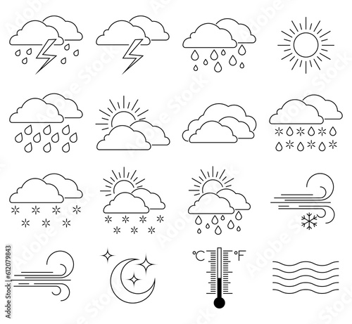 Weather forecast - thin line icons set. Rain, wind, fog and other weather phenomena. Vector, meteorological elements for web design, mobile applications, print