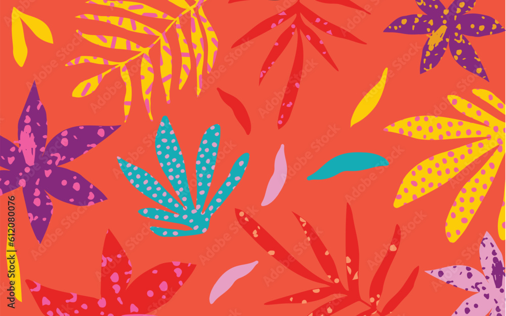 Fototapeta premium Abstract modern tropical pattern with bright leaves, vibrant flowers and exotic plants. Summer botanical background with colorful cutout shapes vector illustration