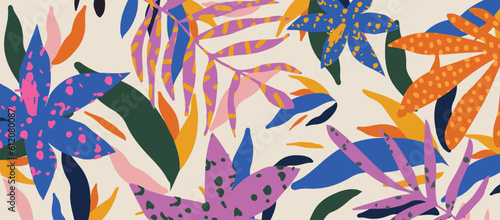 Colorful abstract botanical shapes seamless background pattern. Random cutouts of tropical leaves, exotic flowers and plants. Modern decor art vector illustration.  Cute wallpaper design