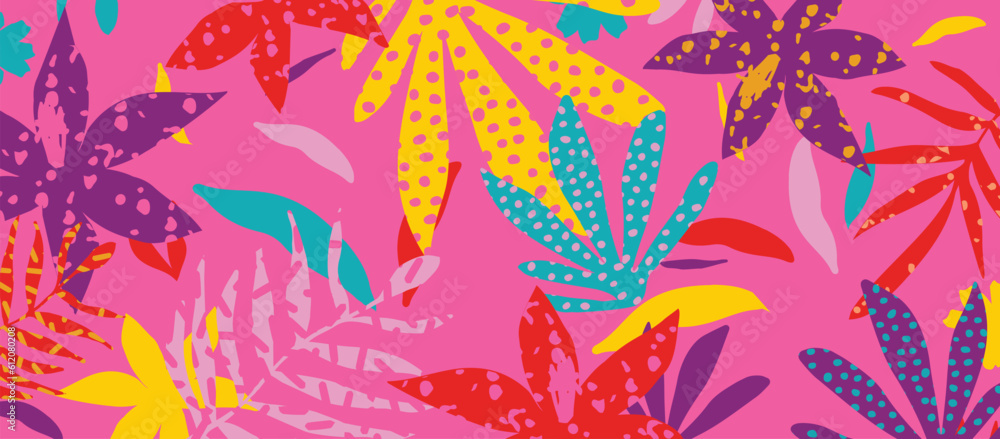 Abstract modern tropical pattern with bright leaves, vibrant flowers and exotic plants. Summer botanical background with colorful cutout shapes vector illustration Abstract modern tropical pattern with bright leaves, vibrant flowers and exotic plants. Summer botanical background with colorful cutout shapes vector illustration