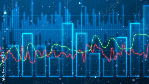 Futuristic bar chart wallpaper with red and green trend lines. Glowing financial static data illustration. Stock market digital display