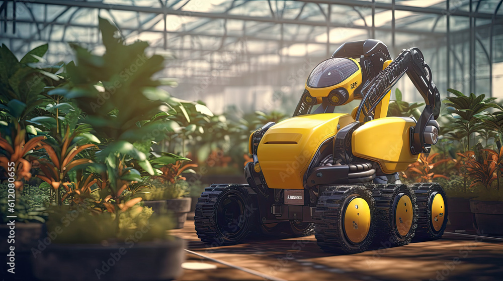 A robotic machine harvests and cares for plants in a greenhouse. Modern smart farming agricultural technology. Future agriculture. A robotic machine harvests and cares for plants in a greenhouse. Modern smart farming agricultural technology. Future agriculture.