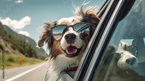 Dog travel by car. enjoying road trip. Tourism and travel concept background. 