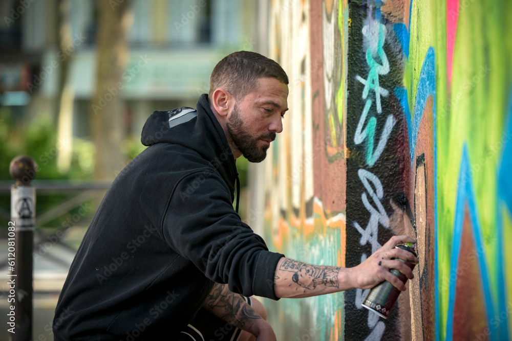 view of an artist doing street art in Paris view of an artist doing street art in Paris