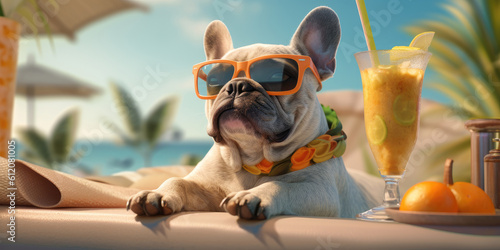 French bulldog dog in sunglasses sits on a deck chair with a cocktail on beach. The concept of a summer holiday by the sea. Created with generative AI technology © Татьяна Прокопчук