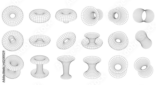 Abstract Strange Wireframe 3D shapes. Torus, black holes, pipes, funnels. Distorted grid, 3D Mesh. Set of different vector graphic design elements in 80s cyberpunk style.