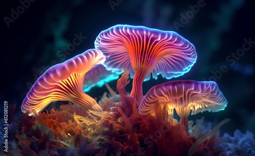 Exotic tropical mushrooms glowing on dark background. Generative AI.