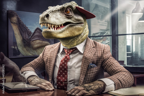 Funny looking dinosaur in businessman suit sitting at office desk  obsolete dying professions of personal Banker or Accountant concept. Generative AI