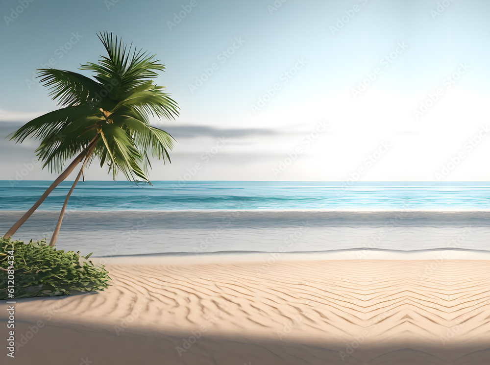 3D render of a tropical beach with palm trees and sand.