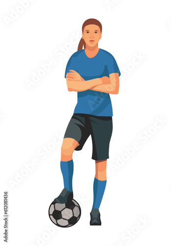 Women's football player figure in a blue uniform t-shirt stands with her foot on the ball and her arms folded on her chest