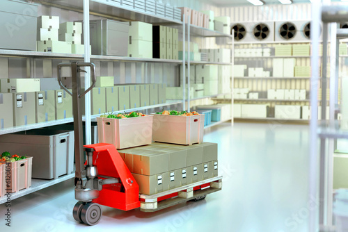 Refrigeration warehouse. Refrigerated storage for vegetables. Pallet jack with vegetables in boxes. Industrial refrigerator with shelving along walls. Refrigerated warehouse of supermarket. 3d image