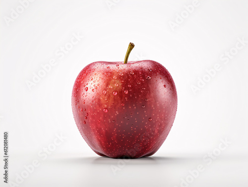A red apple adorned with glistening water droplets.