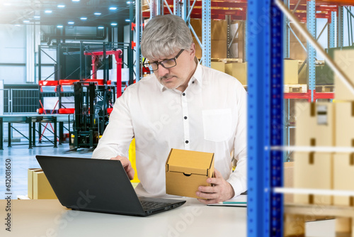 Businessman in warehouse. M...