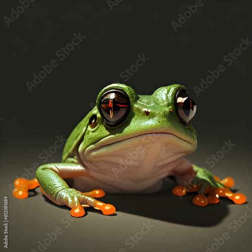 Frog with orange eyes on a dark background. 3d illustration