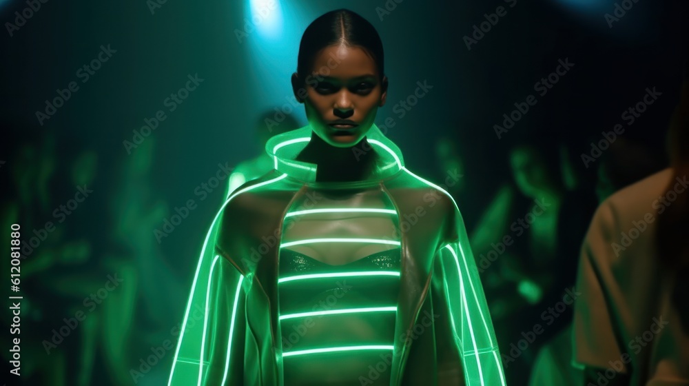 Fierce Fashionista Strutting on Runway Under Shamrock Green Lights. Generative AI. Fierce Fashionista Strutting on Runway Under Shamrock Green Lights. Generative AI.