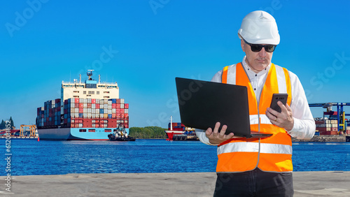 Seaport worker. Man with la...