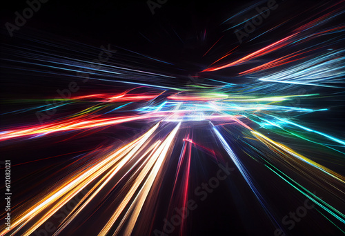 Colorful neon speed light lines background. Fiber optic Technology. Futuristic wallpaper. banner. Illustration. Generative AI