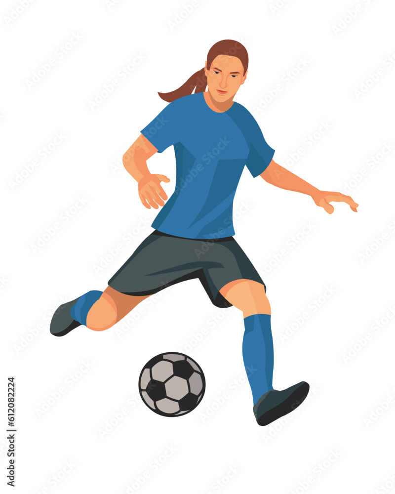 Vector isolated figure of a girl football player in blue uniform running and dribbling at the championship or training