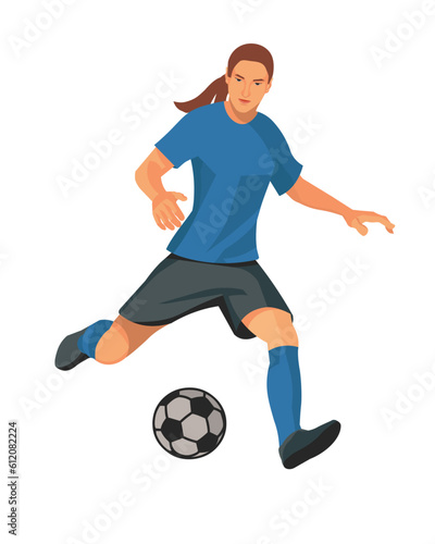 Vector isolated figure of a girl football player in blue uniform running and dribbling at the championship or training