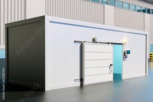 Refrigerated chamber. Container for storing frozen products. Refrigerated container near hangar. Frost chamber for food. Industrial refrigeration equipment. Territory of warehouse company. 3d image photo