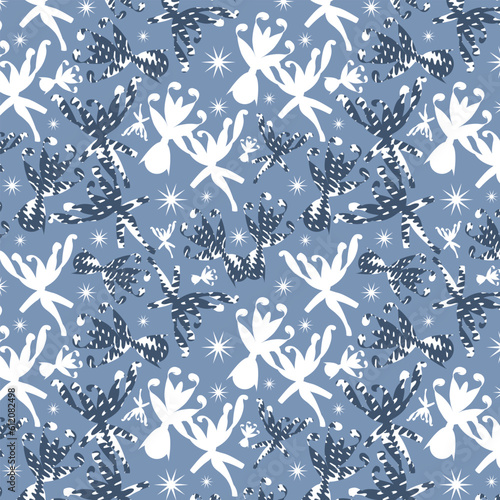 Abstract vector repeat pattern on light purple blue background.
