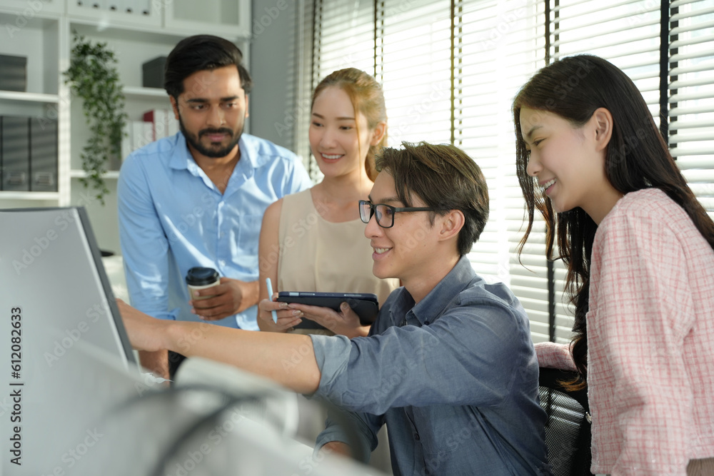 Young asian Business people discussing over new business project in office. Team of professionals discussing over new business project. Young asian Business people discussing over new business project in office. Team of professionals discussing over new business project.