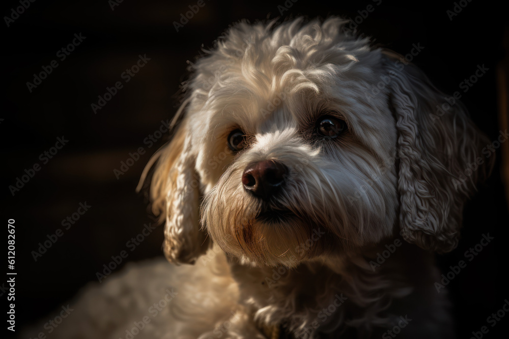 Portrait of a dog of the Bolognese breed close-up, generative ai