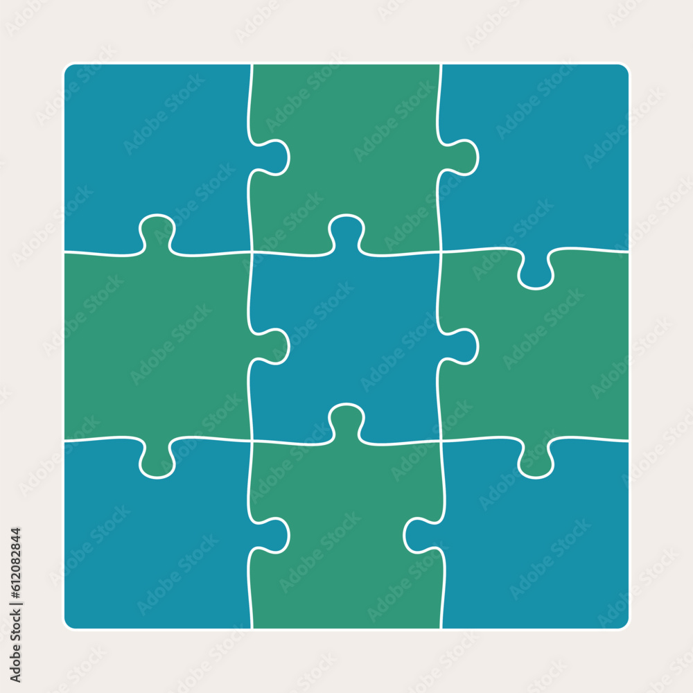 Nine connected jigsaw puzzle parts flat vector illustration. Infographic template with separate matching pieces. Teamwork concept. Nine connected jigsaw puzzle parts flat vector illustration. Infographic template with separate matching pieces. Teamwork concept.