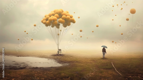 Woman surrounded air balloons. Created with Generative AI